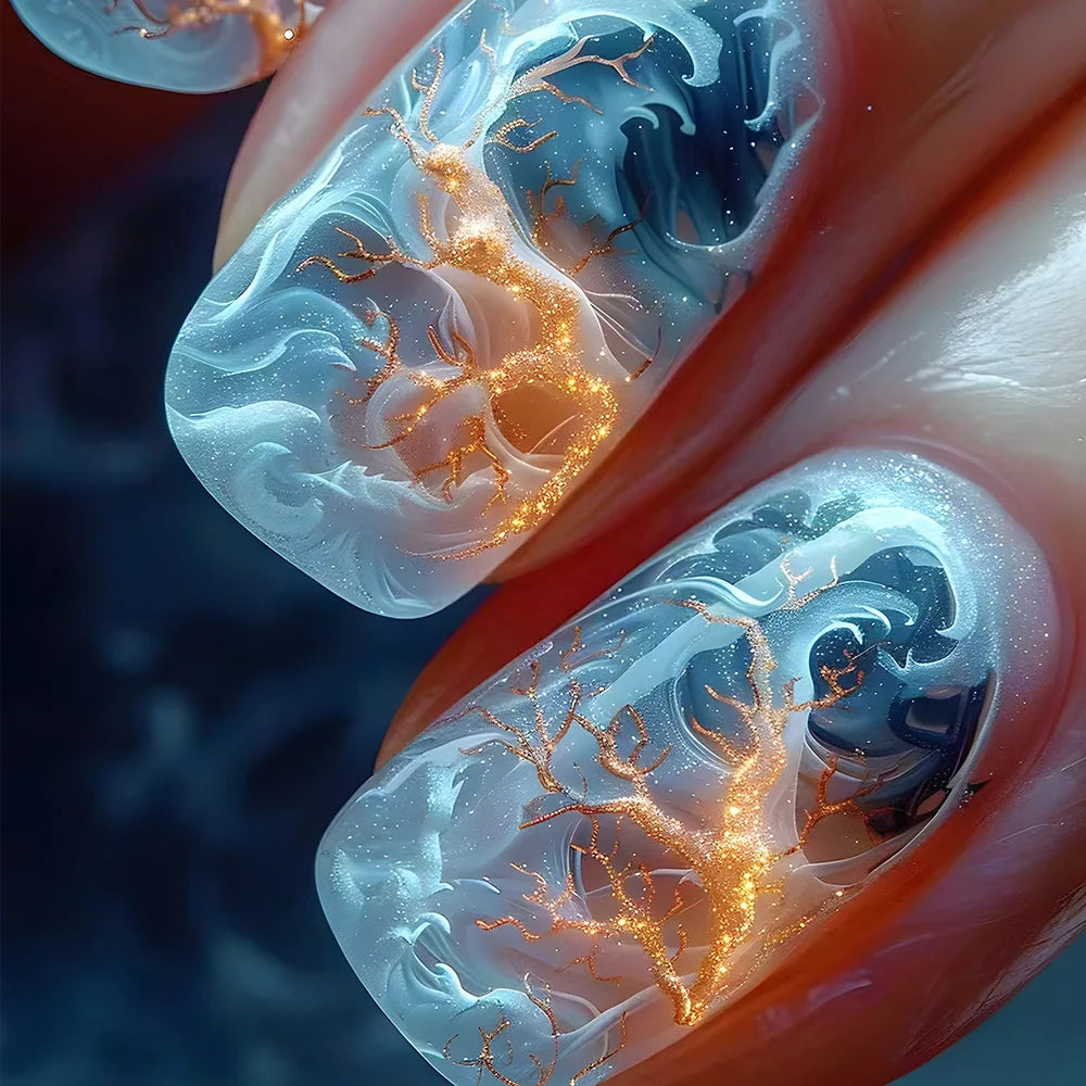 24pcs Golden Stripe Press on Nails Shiny Powder Love Design Long Square False Nails Wearable Full Cover Nail Tips Blue Fake Nail Good Vibrations