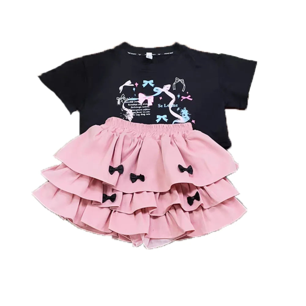 Outfits Y2K Bow Children Cake Skirt Set Pleated Teenagers T-shirt Skirt Suit Sweet Slim Fit Girls Clothes Set Summer Good Vibrations