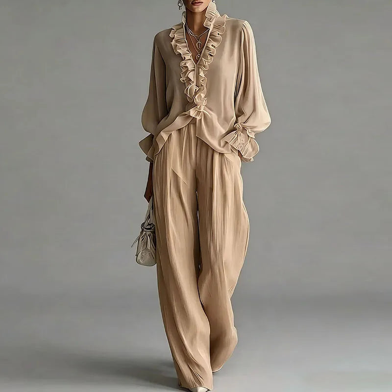 White Casual 2 Piece Outfit for Woman Sexy Ruffle V Neck Long Sleeve Blouse Wide Leg Pants Set Spring Summer Bohemian Suit Mujer Good Vibrations