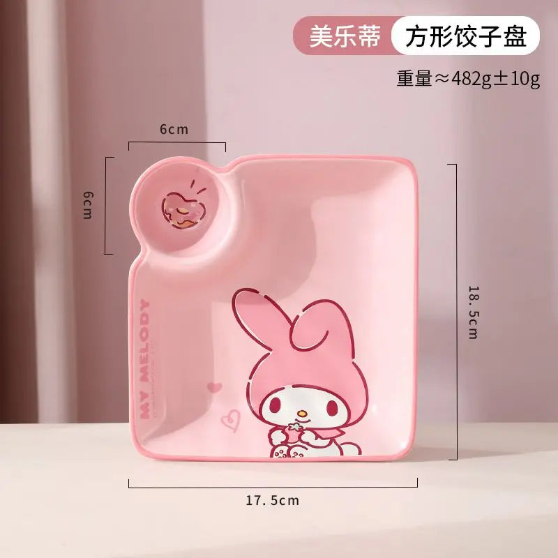 Cute Cartoon Sanrioed My Melody Hellokitty Cinnamoroll Ceramic Dumpling Plate with Vinegar Dish for Children's Breakfast At Home Good Vibrations