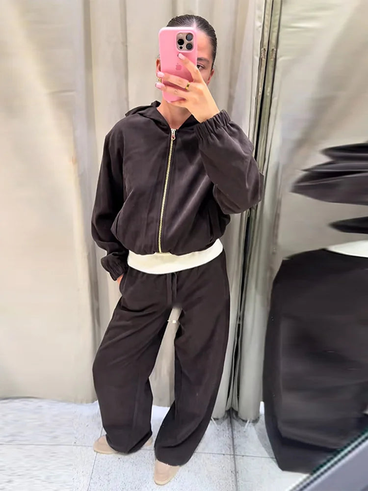Casual Solid Hoodie Pants Set Women Zippers Loose Full Sleeve Coats Long Wide Leg Pant Sets Female 2025 Autumn New Lady Outfits Good Vibrations