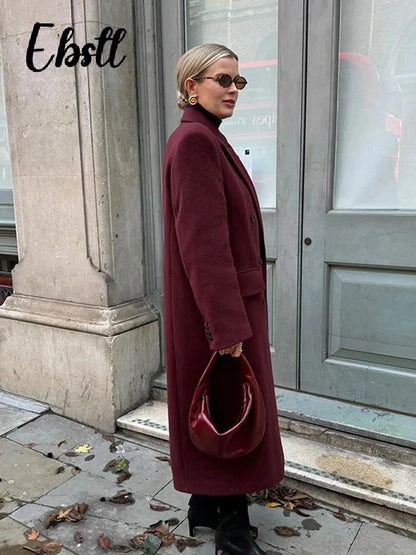 Wine Red Woolen Coats With Scarf Women Elegant Full Sleeve Double Breasted Long Overcoat 2025 Autumn Winter New Lady Streetwear Good Vibrations