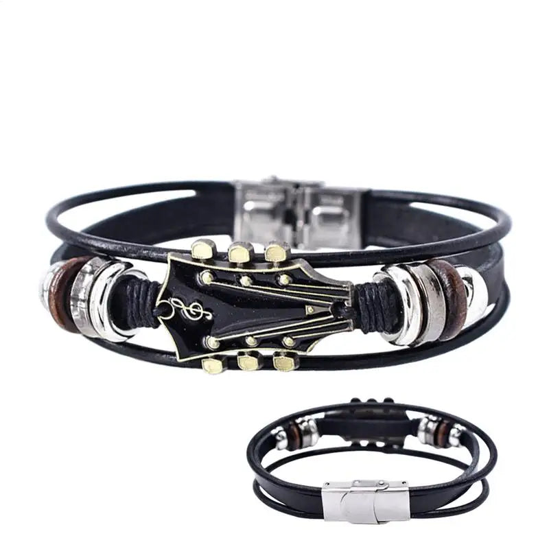 Punk Style Braided Guitar Bracelet Zinc Alloy Adjustable Buckle Manual Woven Faux Leather 3-Layered Punk Retro Wrist Jewelry Good Vibrations