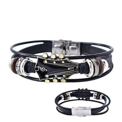 Punk Style Braided Guitar Bracelet Zinc Alloy Adjustable Buckle Manual Woven Faux Leather 3-Layered Punk Retro Wrist Jewelry Good Vibrations