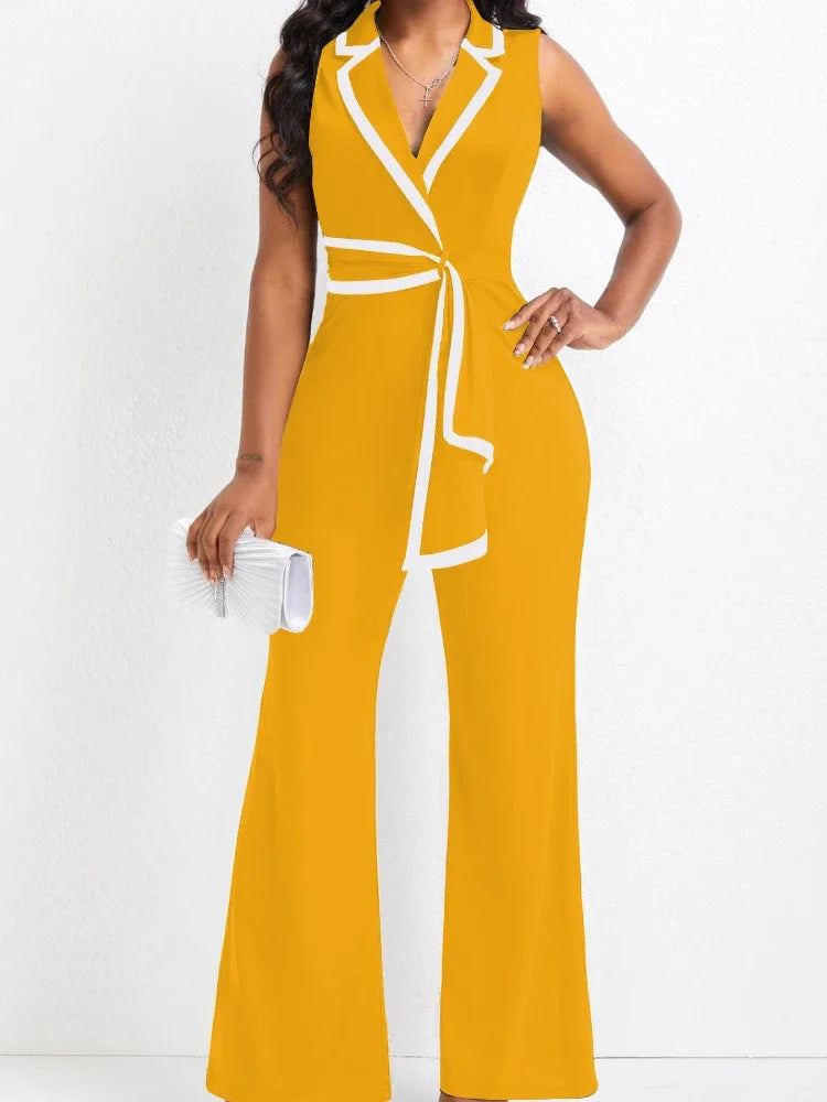 Women's Overalls Outfits Full Length New Fashion 2025 Summer V Neck Elegant Sleeveless Office Lady Jumpsuit Wide Leg Pants Good Vibrations