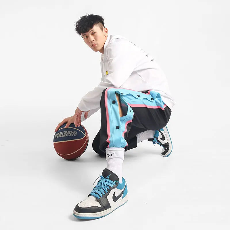 Harajuku Fashion Sports Men Pants Daily Outdoor Basketball Sweatpants Hollow Out Side Stripe Button Fly Design Creative Trousers Good Vibrations