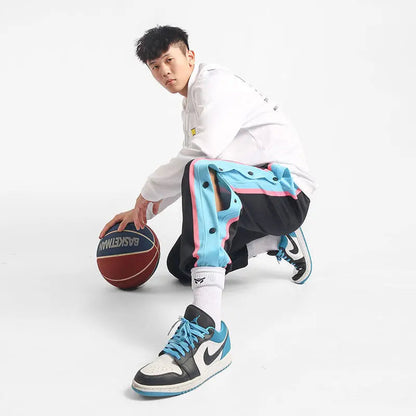 Harajuku Fashion Sports Men Pants Daily Outdoor Basketball Sweatpants Hollow Out Side Stripe Button Fly Design Creative Trousers Good Vibrations