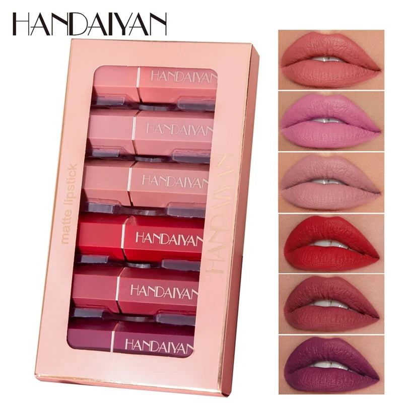 HANDAIYAN 6Pcs/Box Velvet Matte Lipstick Kit Lips Makeup Nude Lip Stick Make Up Cosmetics Foggy Matt Tint Lip Balm Cream Pigment Good Vibrations
