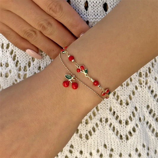 Cute Sweet Red Cherry Chain Bracelet Necklace For Women Vintage Gold Color Flower Fruit Clavicle Anklet Wedding Party Jewelry Good Vibrations