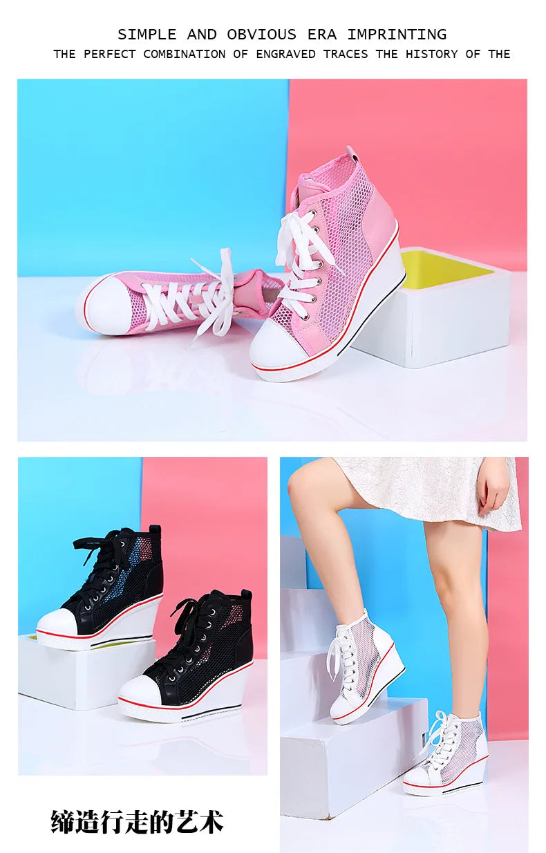 2025  Wedge Heel 8cm Height Increasing Net Shoes Thick Bottom Sandals Women's Casual Lace-up Shoes High-top Hollow Women's Shoes Good Vibrations