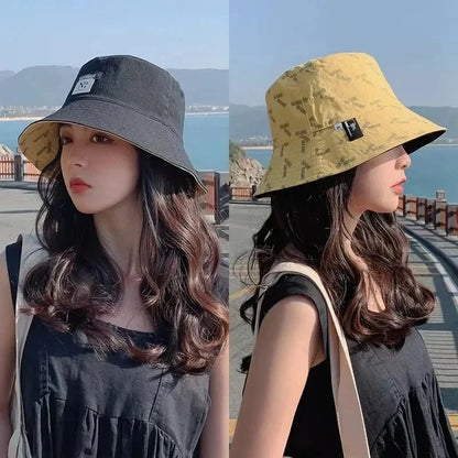 Double-sided Wear Women Bucket Hat Korean Fashion Letter Print Fisherman Hats For Girl Summer Outdoor Beach Basin Cap Good Vibrations