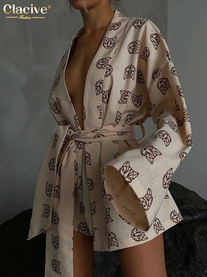 Clacive Fashion Loose Print 2 Piece Sets Womens Outfits Casual Lace-Up Long Sleeve Robes With High Waist Shorts Set Homewear Good Vibrations