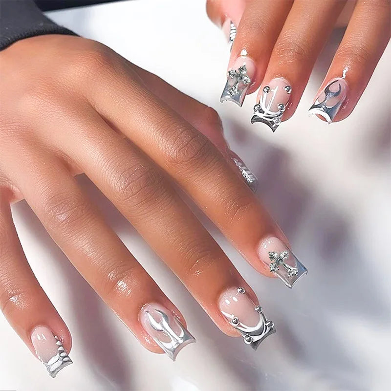 24pcs Glossy Black Fake Nails For Spicy Girls Shimmery Rhinestone French Style Cross Press On Nail Mid-length Coffin Cool Nails Good Vibrations