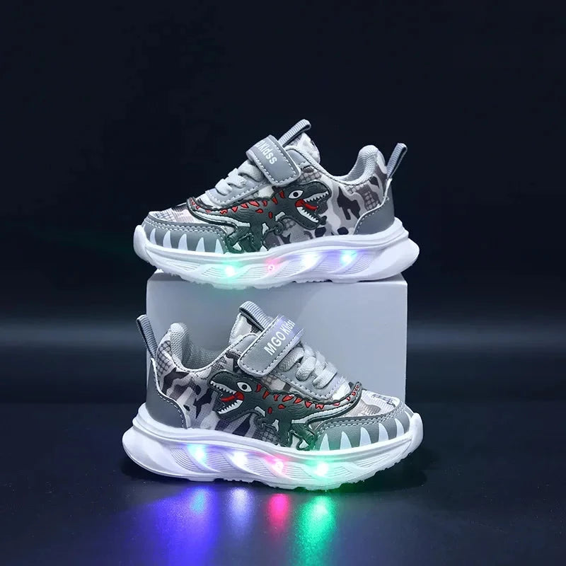 Spring New Children's Sports Shoes Cartoon Dinosaur Children's LED Light Shoes Soft Sole Boys' Causal Sneakers 2-6 Years Old Good Vibrations