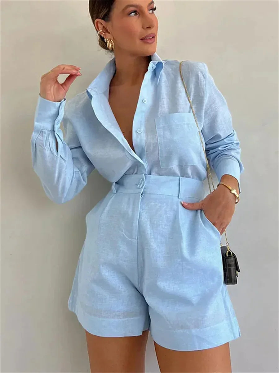 2026 New Short Sets Women Shirts Long Sleeve Cotton Linen Loose Blouse High Waist Shorts Suit Summer 2 Piece Sets Womens Outfits Good Vibrations