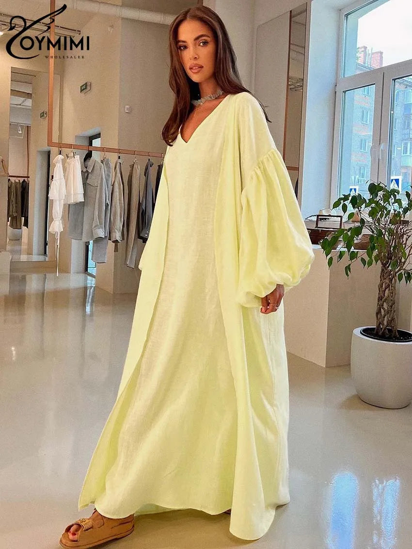 Oymimi Elegant Yellow Cotton Hemp 2 Pc Sets Womens Outfits Casual Puff Sleeve Robe And V-Neck Sleeveless Floor-Length Dress Sets Good Vibrations