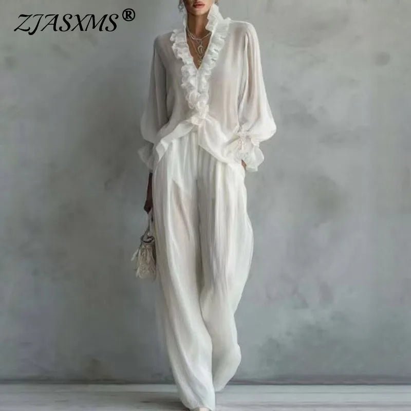 White Casual 2 Piece Outfit for Woman Sexy Ruffle V Neck Long Sleeve Blouse Wide Leg Pants Set Spring Summer Bohemian Suit Mujer Good Vibrations