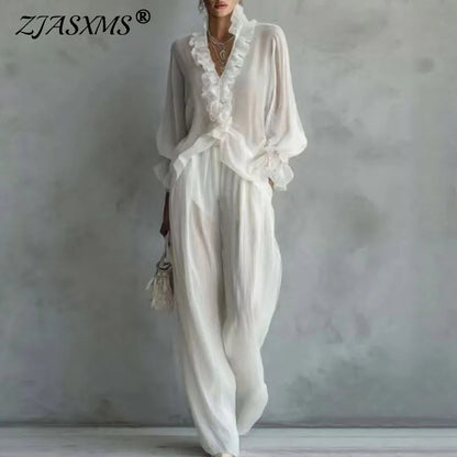 White Casual 2 Piece Outfit for Woman Sexy Ruffle V Neck Long Sleeve Blouse Wide Leg Pants Set Spring Summer Bohemian Suit Mujer Good Vibrations