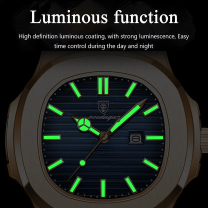 POEDAGAR Top Classic Men Wristwatch Waterproof Luminous Date Square Watch For Man Stainless Steel Sport Men's Quartz Watches+Box Good Vibrations