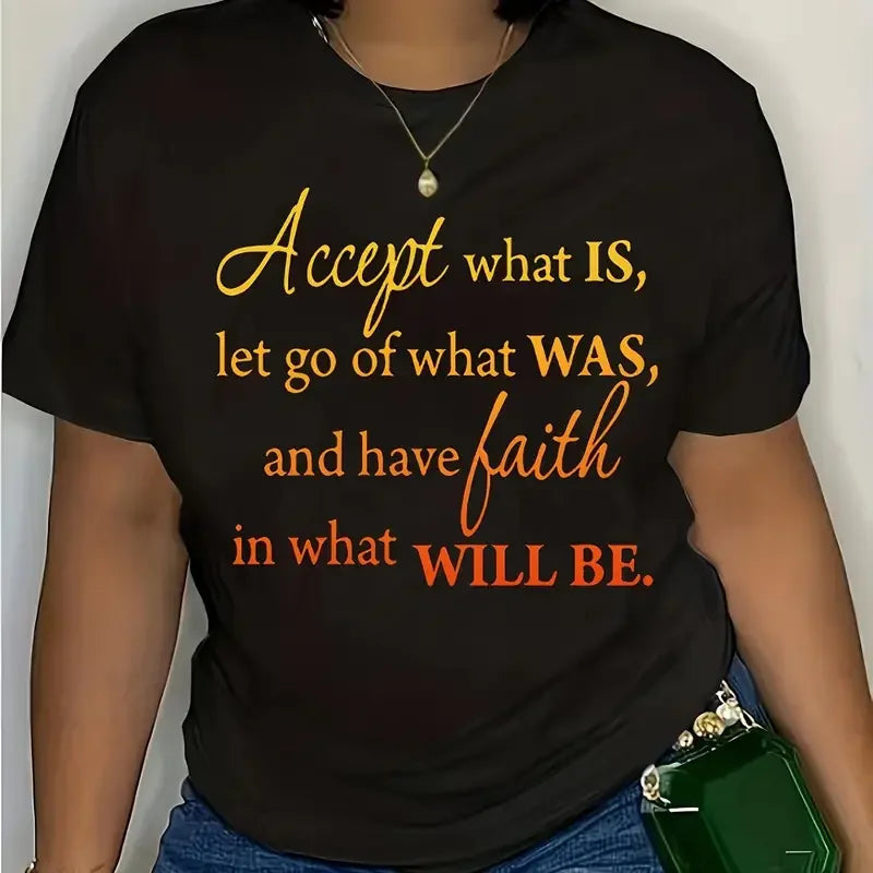 Plus Size Casual T-shirt Women's Plus Ombre Letter Graphic Short Sleeve Round Neck Medium Stretch Top Good Vibrations