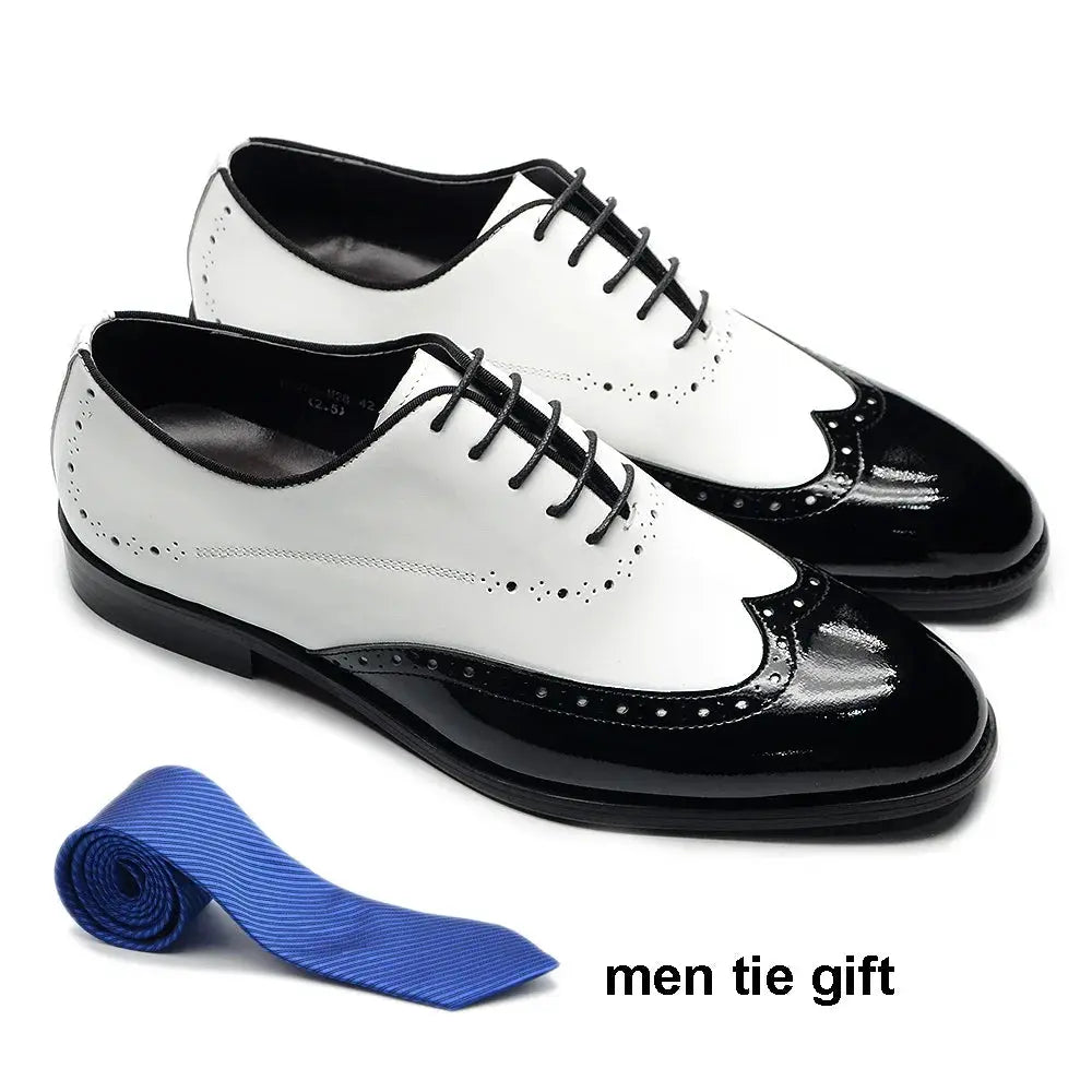 Formal Oxfords Shoes for Men White Black Real Cow Patent Leather Business Lace-up Wingtip Toe Brogue Wedding Mens Dress Shoes Good Vibrations