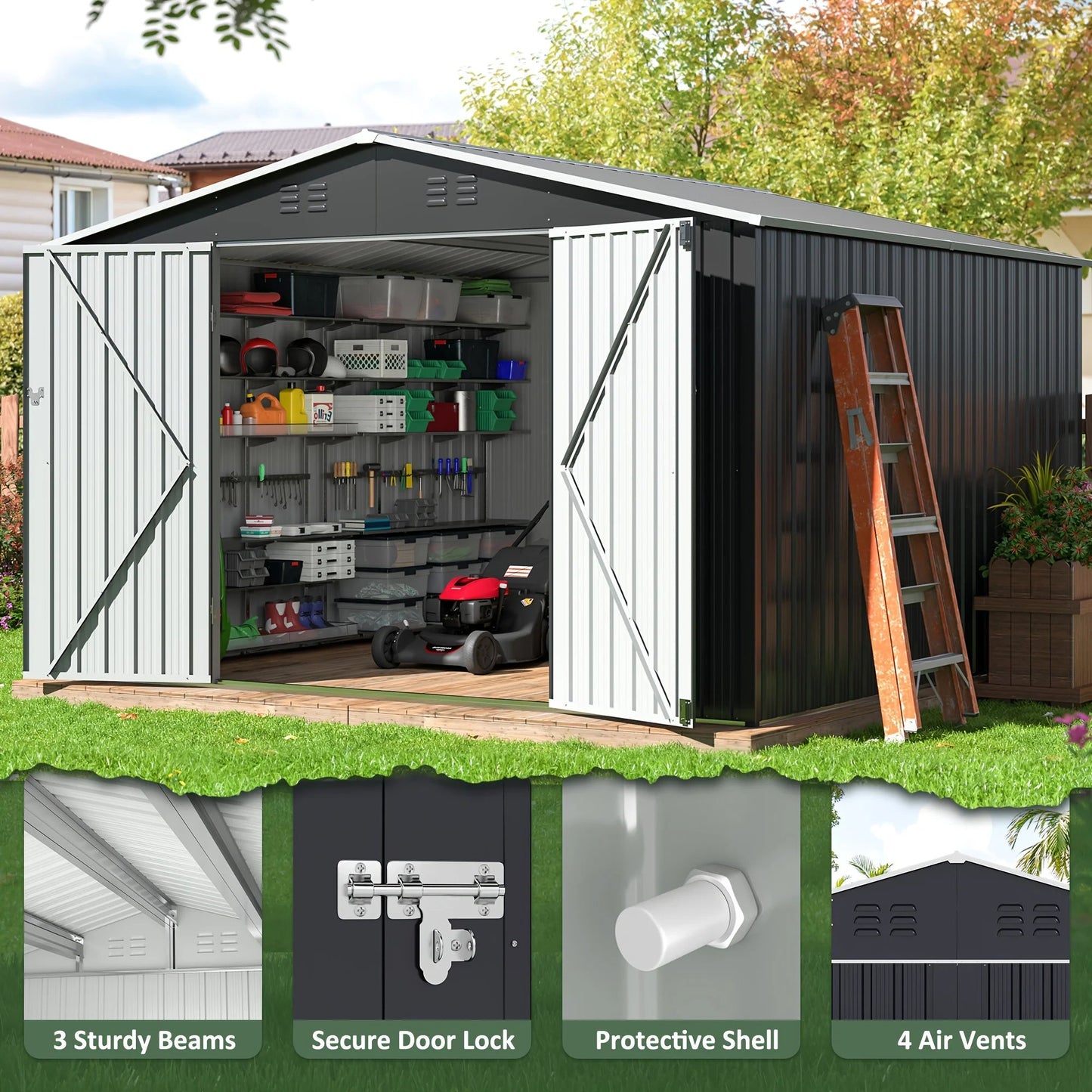 Polar Aurora 10x10 FT Outdoor Storage Shed, Metal Garden Shed with with Updated Frame Structure, Tool Sheds for Backyard Garden Good Vibrations