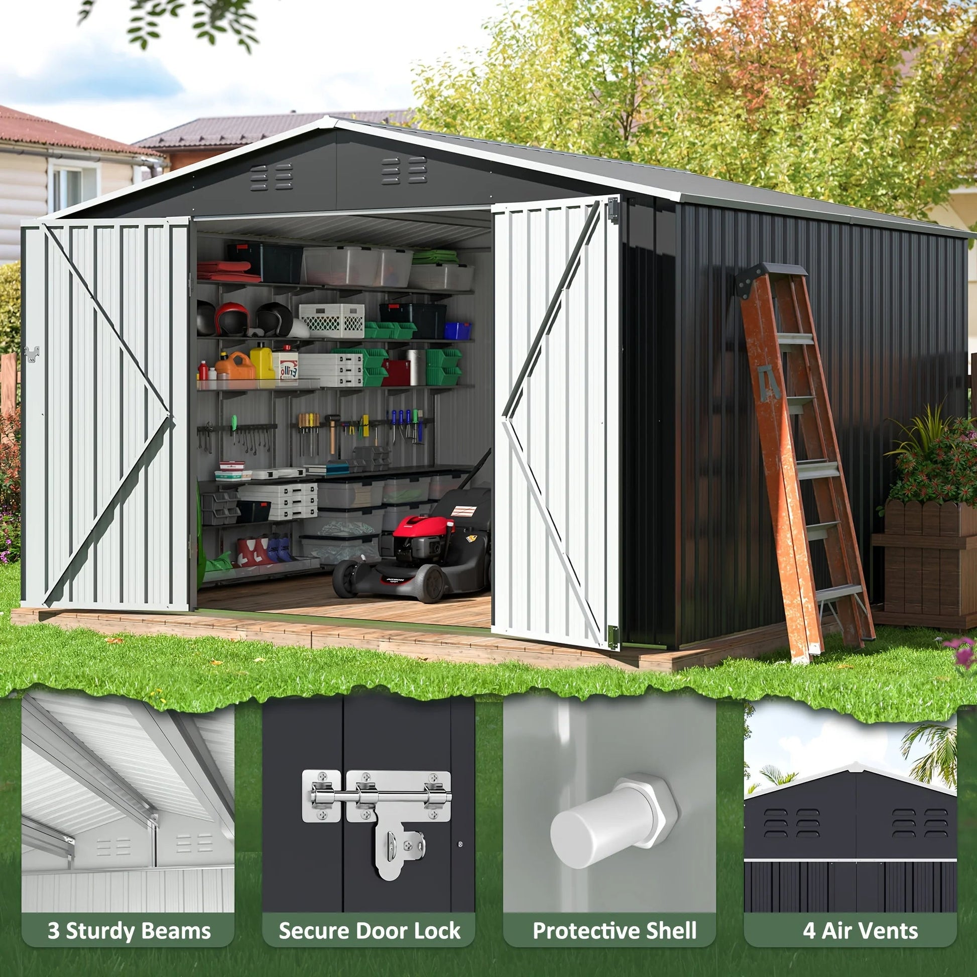 Polar Aurora 10x10 FT Outdoor Storage Shed, Metal Garden Shed with with Updated Frame Structure, Tool Sheds for Backyard Garden Good Vibrations