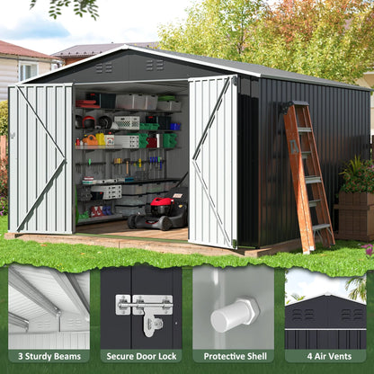 Polar Aurora 10x10 FT Outdoor Storage Shed, Metal Garden Shed with with Updated Frame Structure, Tool Sheds for Backyard Garden Good Vibrations