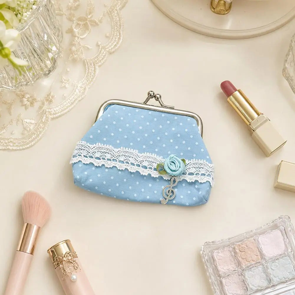 Cute Y2k Coin Purses Lady Small Wallet Wave Dot Handmade Lace Showa Rose Vintage Bag Hanging Pendant Earphone Bag Wallet Good Vibrations