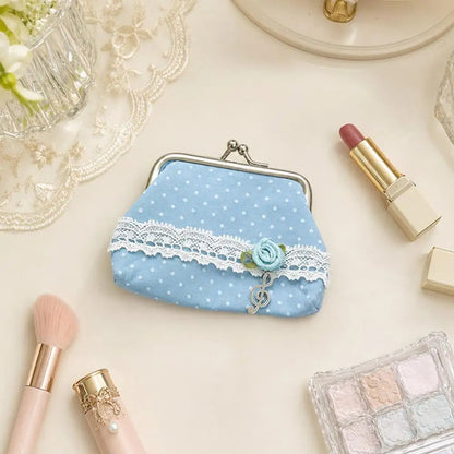 Cute Y2k Coin Purses Lady Small Wallet Wave Dot Handmade Lace Showa Rose Vintage Bag Hanging Pendant Earphone Bag Wallet Good Vibrations