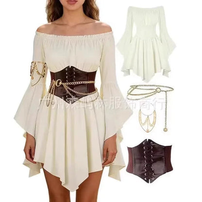 Women's Dress Suit Halloween Renaissance Medieval Pirate Dress Off-the-Shoulder Flared-Sleeve Waist-Cinched Dress Outfits Good Vibrations