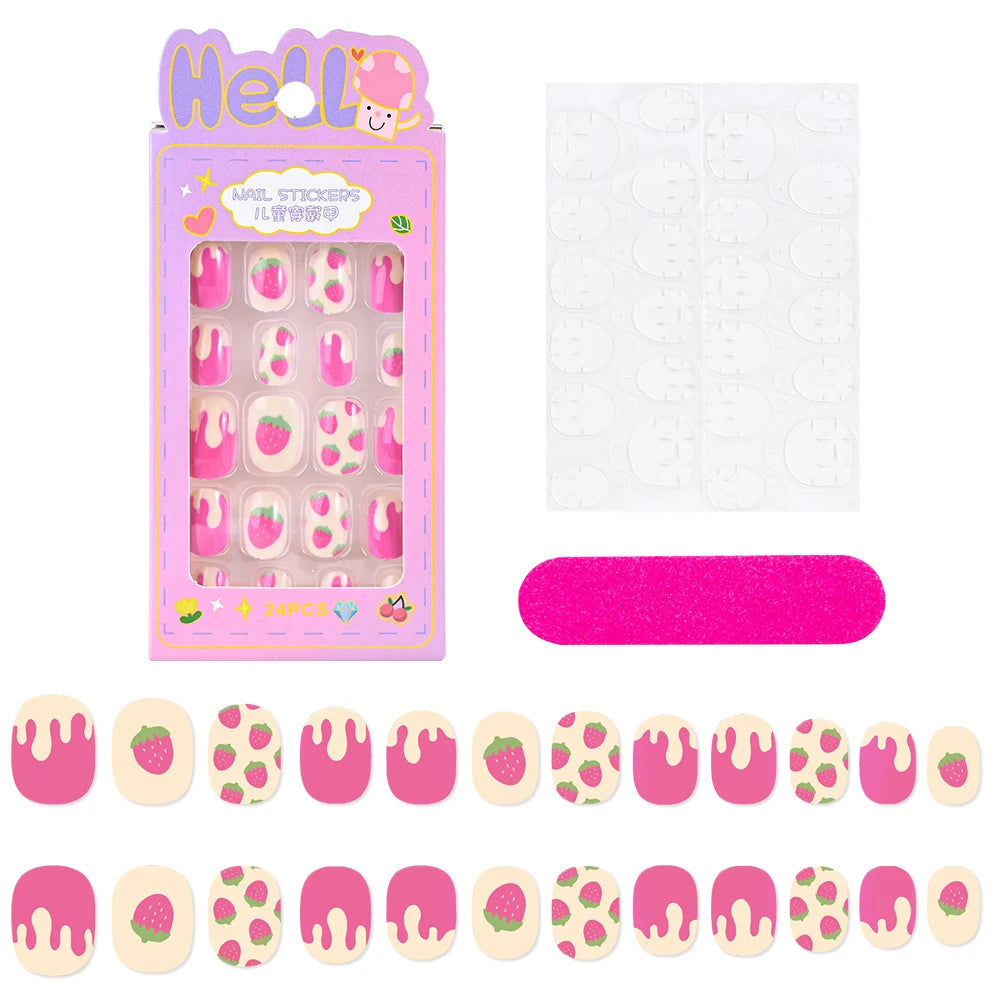 24Pcs/box Kids nails for Girl Cartoon Pattern False Nail Cute Child Fake Nails Tips Kawaii Acrylic Artificial Press on Nail+Tool Good Vibrations