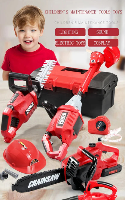 Children Electric Toolbox Pretend Play Toys Baby Simulation Tools Repair Lawn Mower Saw Hair Dryer Toy Maintenance Tool for kid Good Vibrations