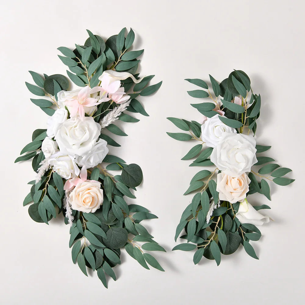 Yannew Artificial Wedding Arch Flowers Kit Boho Dusty Rose Blue Eucalyptus Garland Drapes for Wedding Decorations Welcome Sign Good Vibrations