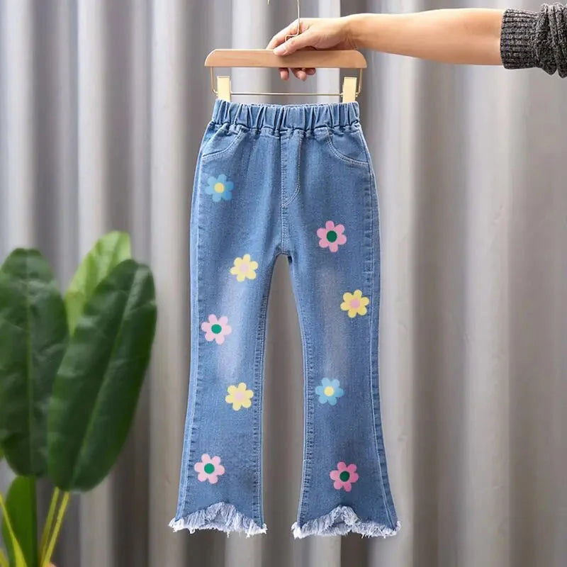 Kids Girls Jeans Pants for 2024 New Spring Autumn Long Flared Jeans Children's Pants 4-10Yrs Girls Cowboy Pants Trousers Good Vibrations