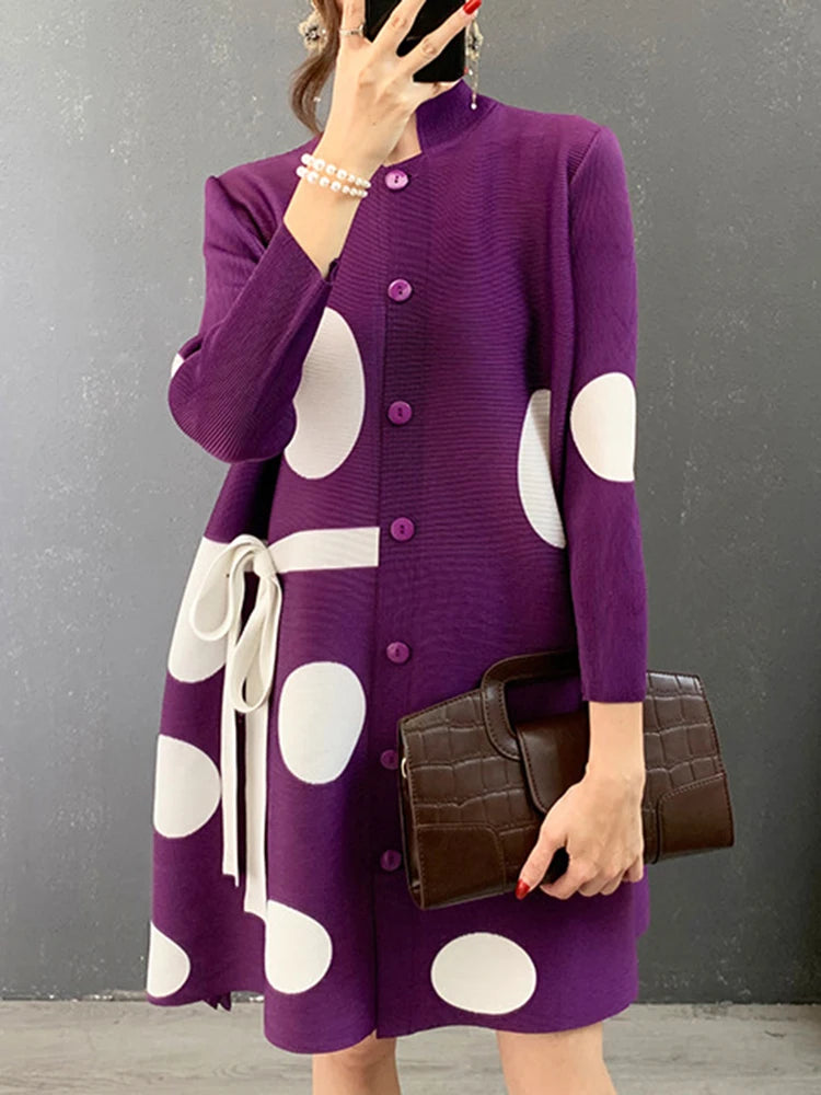 2025 Miyake Stand Collar Pleated Dress Autumn Single Breasted Drawstring Dot Printing Festival Clothing Women Elegant Good Vibrations
