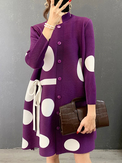 2025 Miyake Stand Collar Pleated Dress Autumn Single Breasted Drawstring Dot Printing Festival Clothing Women Elegant Good Vibrations