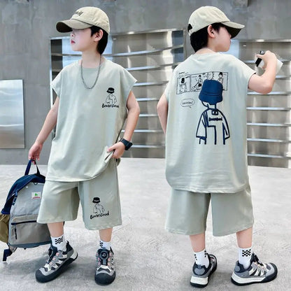 Boys' loose sleeveless vest set summer thin cartoon comic portrait boys' tank top and shorts two-piece set children's clothing Good Vibrations