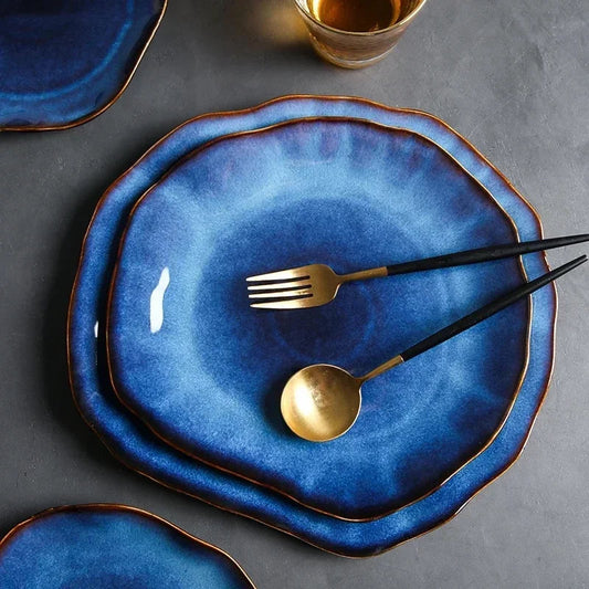 Ceramic Plates Deep Blue Irregular Flat Plate Pottery Dish Household Decoration Tableware Dinnerware Tray Hotel Kitchen Supplies Good Vibrations