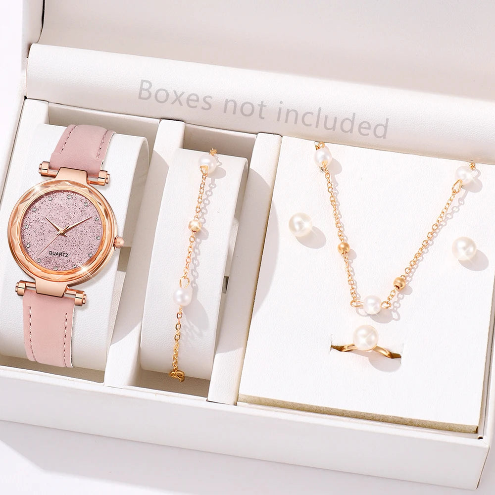6PCS/Set Red Women's Watch With Minimalist Elements Dial Quartz Watch Latex Strap Cherry Elements Jewelry Set Girl's Gift Good Vibrations Adult Super Store