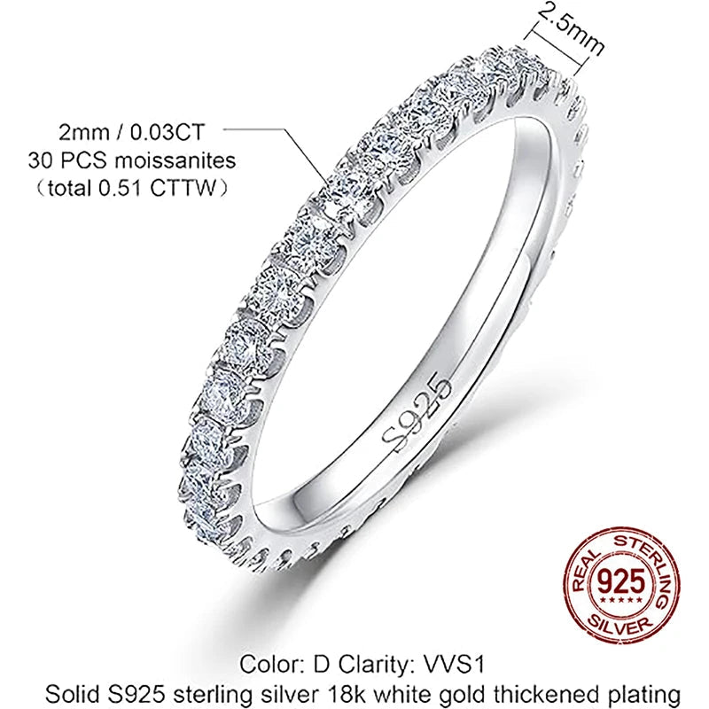 ALLNOEL 2mm Full Eternity Moissanite Wedding Band 925 Sterling Silver D Color VVS1 Stackable Ring For Women Fine Jewelry Good Vibrations