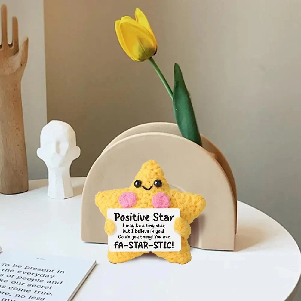 Cute Handwoven Positive Energy Star Ornaments Pocket Hug Crochet Doll Mini Handmade Knitted Plush Home Room Decor Party Gift Good Vibrations