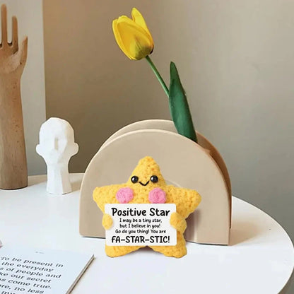 Cute Handwoven Positive Energy Star Ornaments Pocket Hug Crochet Doll Mini Handmade Knitted Plush Home Room Decor Party Gift Good Vibrations