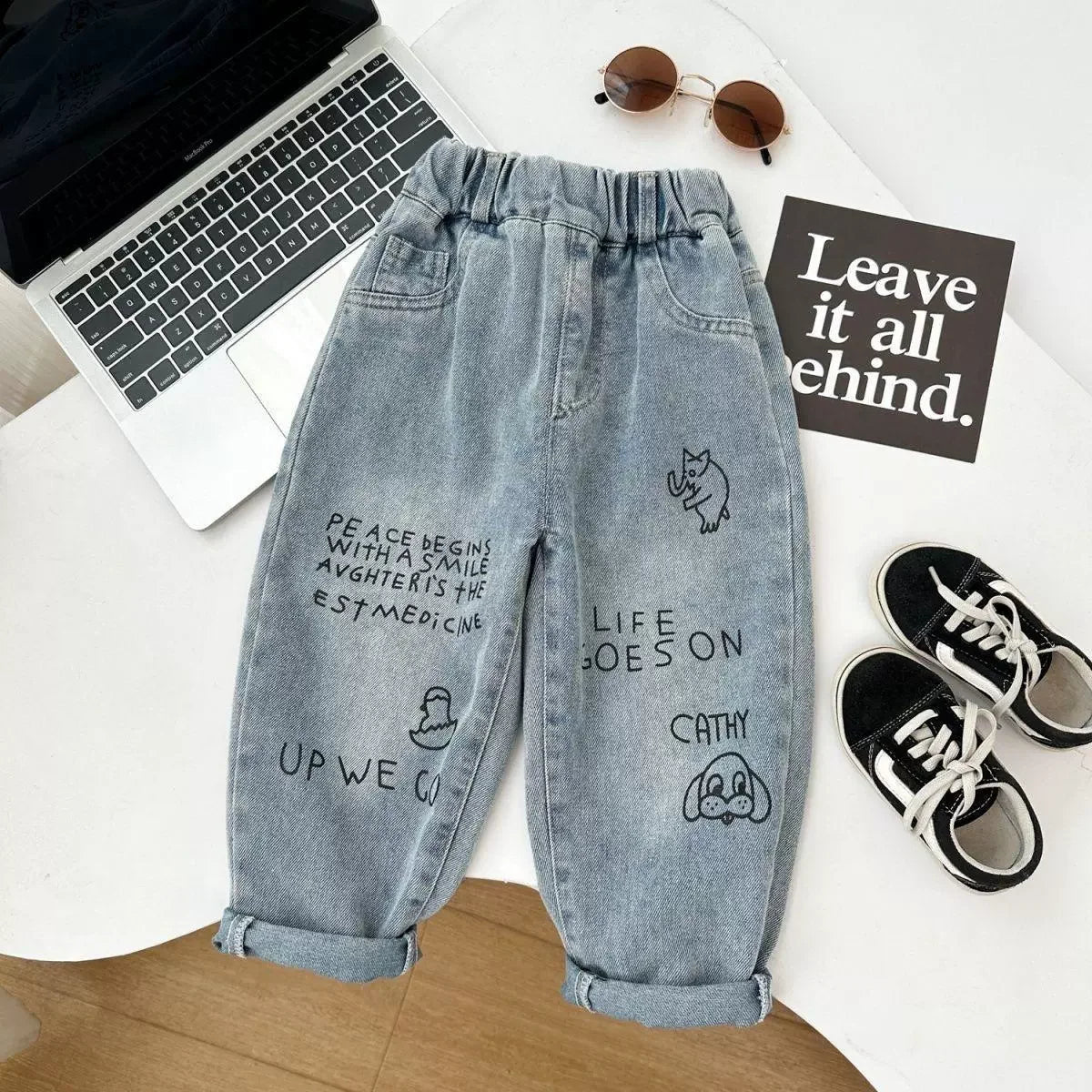 New Spring Autumn Childrens Boys Casual Trousers Foreign Side Pockets Polished Boys Jeans Stretch Versatile Kids Boys Pants Good Vibrations