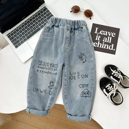 New Spring Autumn Childrens Boys Casual Trousers Foreign Side Pockets Polished Boys Jeans Stretch Versatile Kids Boys Pants Good Vibrations