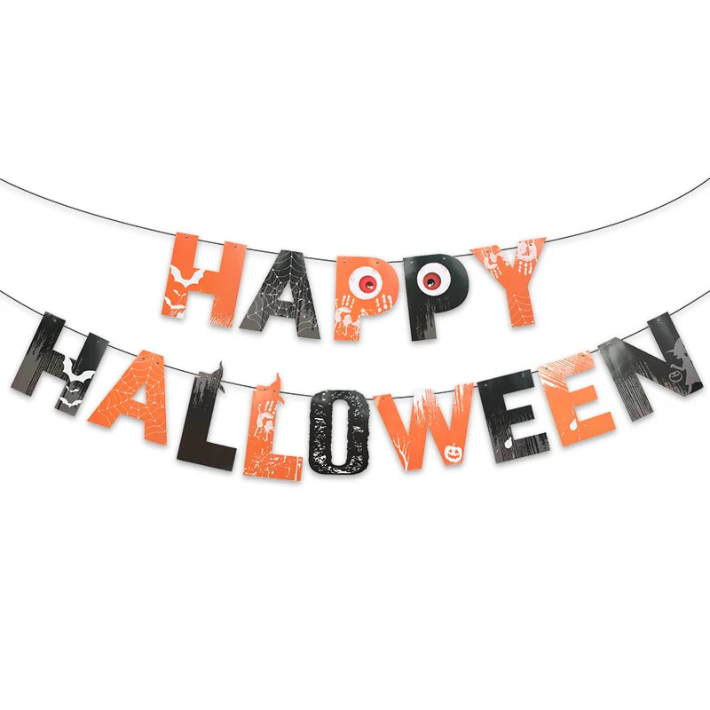 Halloween Party Paper Garland Bat Pumpkin Banner 2025 Happy Halloween Party Decoration for Home Trick or Treat Hanging Pendants Good Vibrations