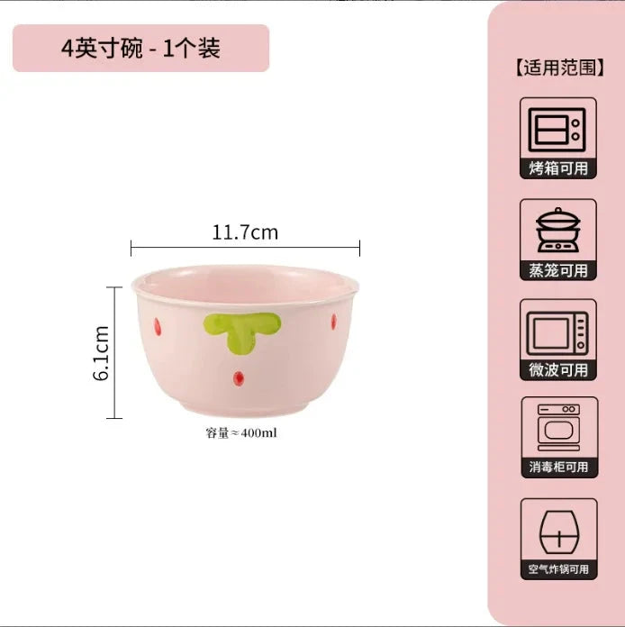 Cute Strawberry Ceramic Bowl Set For Home Use High Aesthetic Instant Noodles Salad Dessert Dining Tableware Kitchen Supplies Good Vibrations