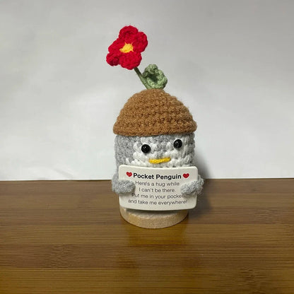 Crochet Energy Penguin Hug Pocket Mini Hand-woven Plush Wool Knitting Doll with Card Funny Christams Gift Home Room Decoration Good Vibrations