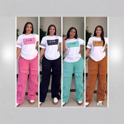 Women wearing casual printed multi-pocket pants in pink, black, mint, and brown paired with white graphic t-shirts.