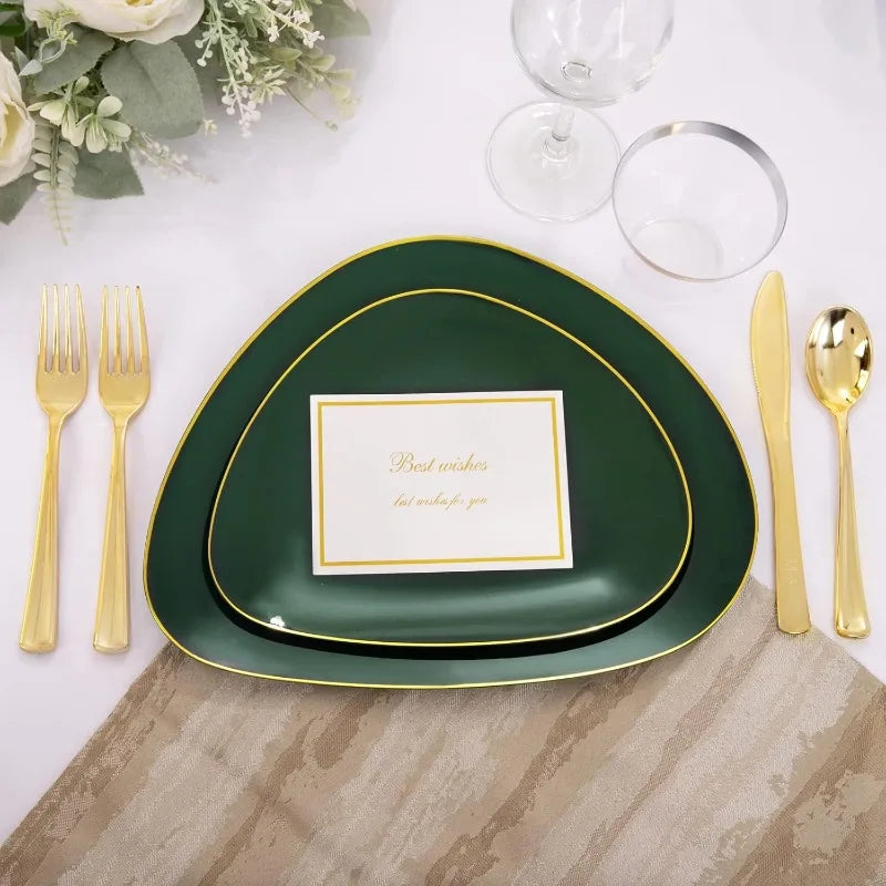 180Pcs Green Plastic Plates, Green Disposable Plates withInclude: 30 Dinner Plates 30 Dessert Plates 90 Gold Cutlery 30 Cups Good Vibrations